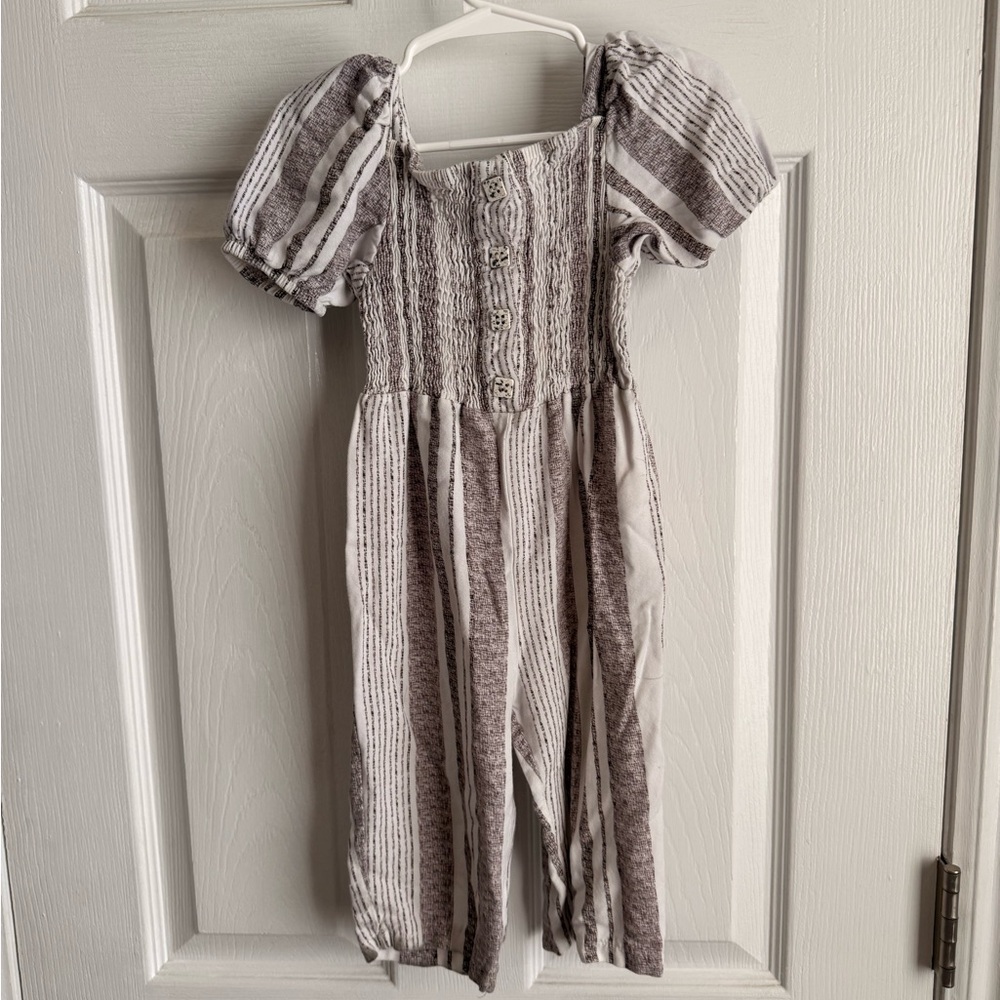 Jessica Simpson Cream and Gray Striped Puff-Sleeve Jumpsuit